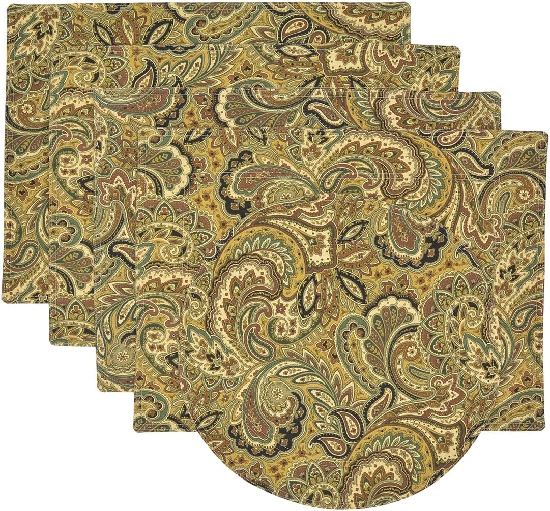 Sweet Pea Linens Mustard Yellow, Brown and Black, Paisley Rectangle Placemats - Set of Four Plus Center Round-Charger