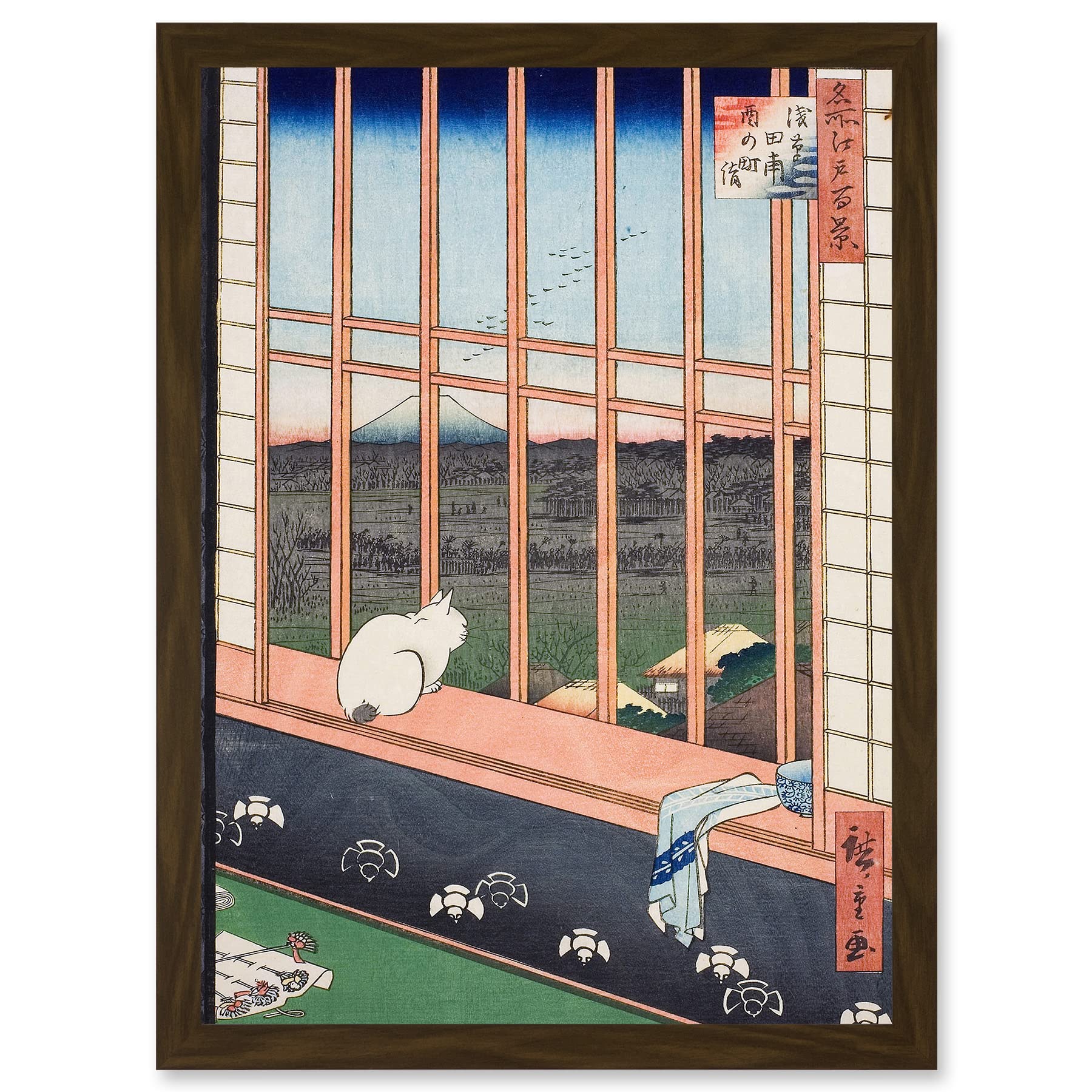 Artery8 Hiroshige Asakusa Fields 100 Views Edo Cat Vintage Japanese Painting Artwork Framed Wall Art Print A4