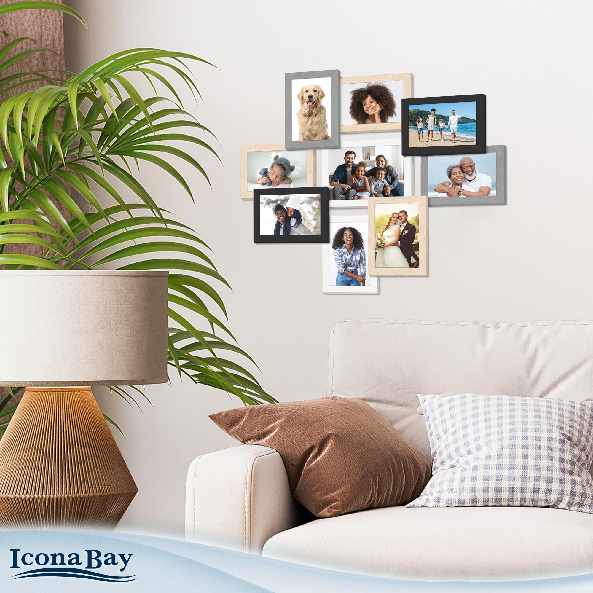 Icona Bay Picture Collage Frames, Mixed Colors, One 5x7 Surrounded by Eight 4x6 Inch, 9 Openings Total, Self-Assembly Modern Style Wood Composite Frame, Wall Mount Only, Bliss Collection