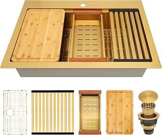 Gold Drop In Kitchen Sink, 28 Inch 16 Gauge Stainless Steel Gold Sink, Topmount Workstation Sink, Single Bowl Kitchen Sink With Full Accessories, 28"x22"x9" Drop In Sink