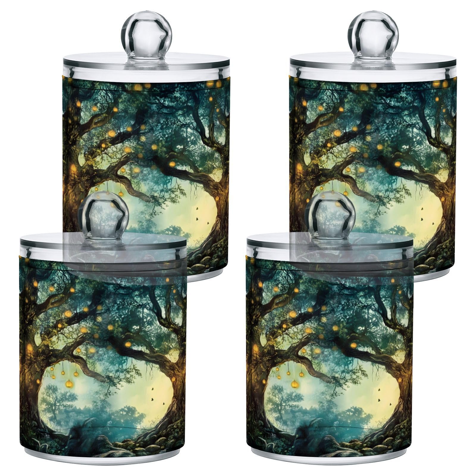 FLildon Fairy Tales Glowing Tree Qtip Holder Dispenser, Bathroom Organizer and Storage Containers, 2Pack Clear Plastic Apothecary Jars with Lids for Cotton Ball, Cotton Swab, Floss