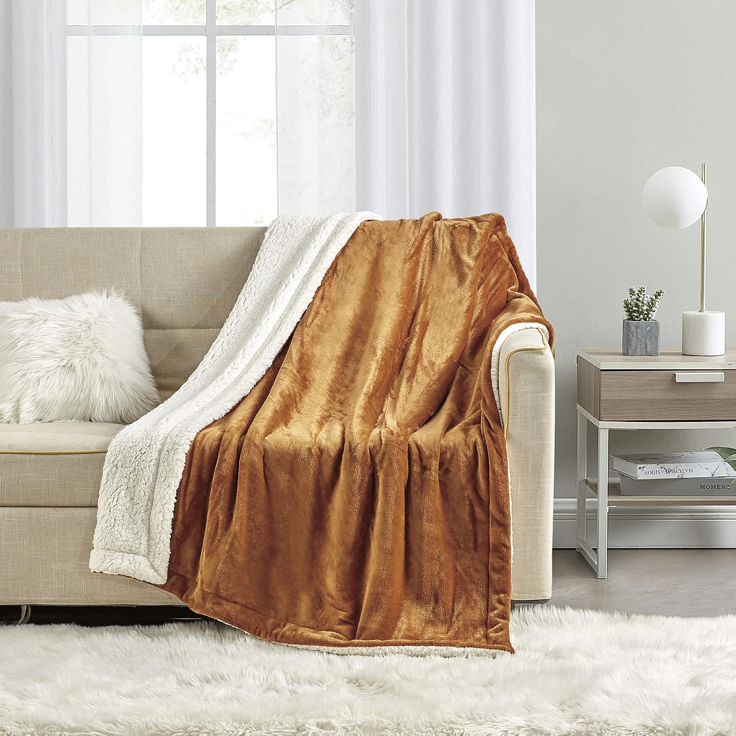 BOURINA Sherpa Fleece Blankets Flannel Throw for Couch Sofa Throw Size -50x60 Inches Almond, Thick Cozy Warm Soft Blanket for Bed, Sofa, Camping Travel Blanket