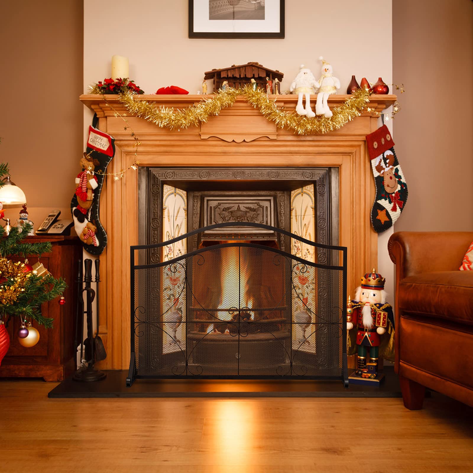 GOPLUS Écran de Cheminée pour Isolation des Étincelles et Cendres, Pare-Feu de Cheminée, Panneau Protection Cheminée Décoratif, pour Salon, Chambre, 113 x 34 x 84 cm, Noir