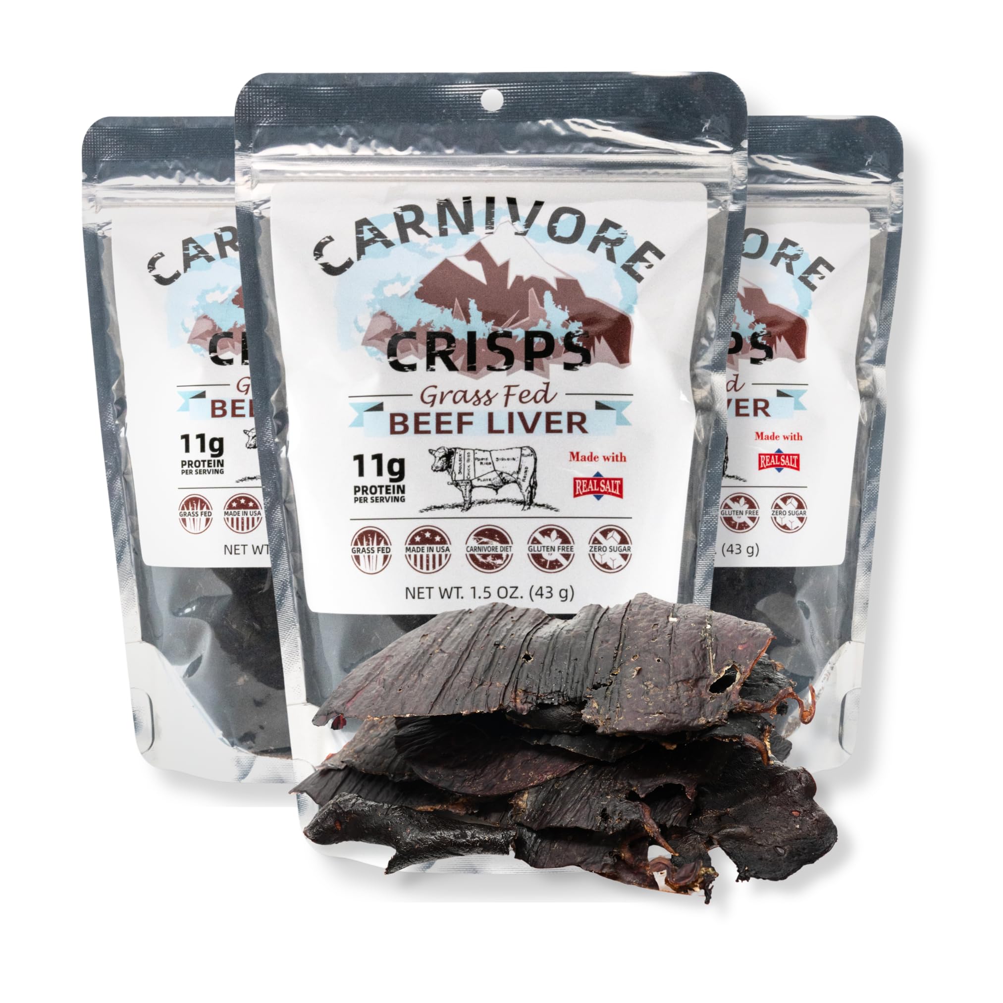 Carnivore Crisps, Grass Fed and Finished Beef Liver Crisps, High Protein, Keto & Carnivore Diet Approved, Gluten-Free, No Hormones, 1.5 oz (Pack of 3