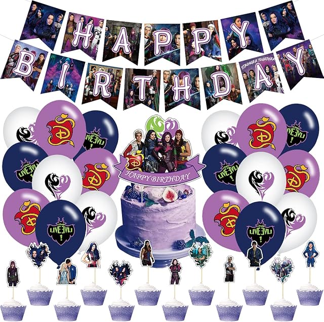 XIAOHUANXIONG Descendants Birthday Party Decorations Supply Set for Kids with Happy Birthday Banner, Cake Topper, Cupcake Toppers, Balloons for Party Decorations