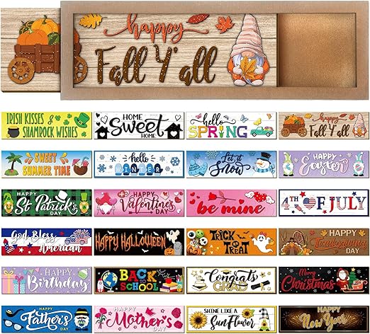 Barydat Interchangeable Season Sign Interchangeable Welcome Wood Sign for Table Decorative Seasonal Sign Decor with a Wooden Frame Wreaths for Fall Thanksgiving Halloween Autumn Decor