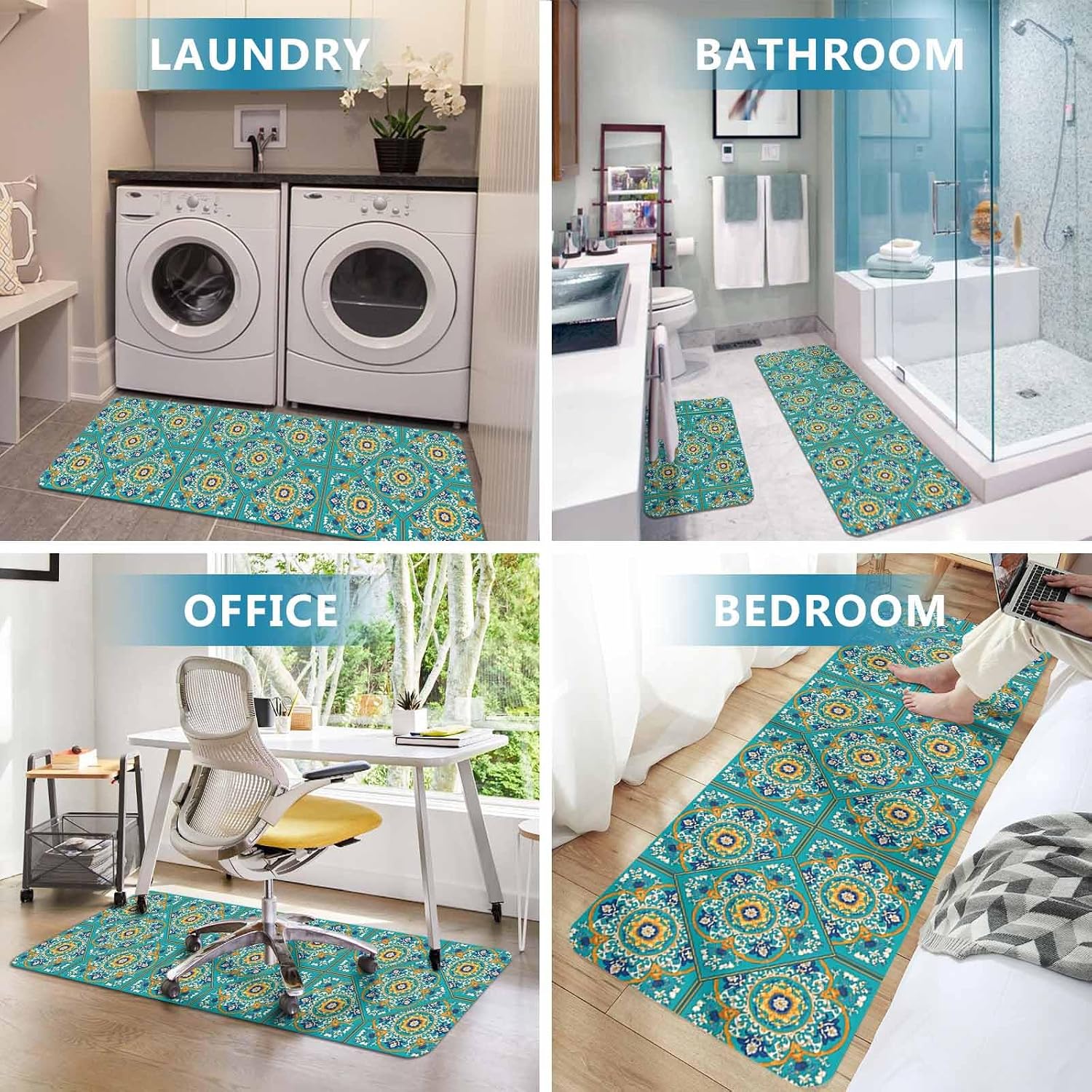 Moroccan Floral Pattern Kitchen Mat Set 2 Pieces Turquoise Yellow Flower Bohemian Country Non Slip Kitchen Rugs Washable Runner Rug Mats for Floor Sink Laundry Office 23.6" x 35.4"+23.6" x 70.9"