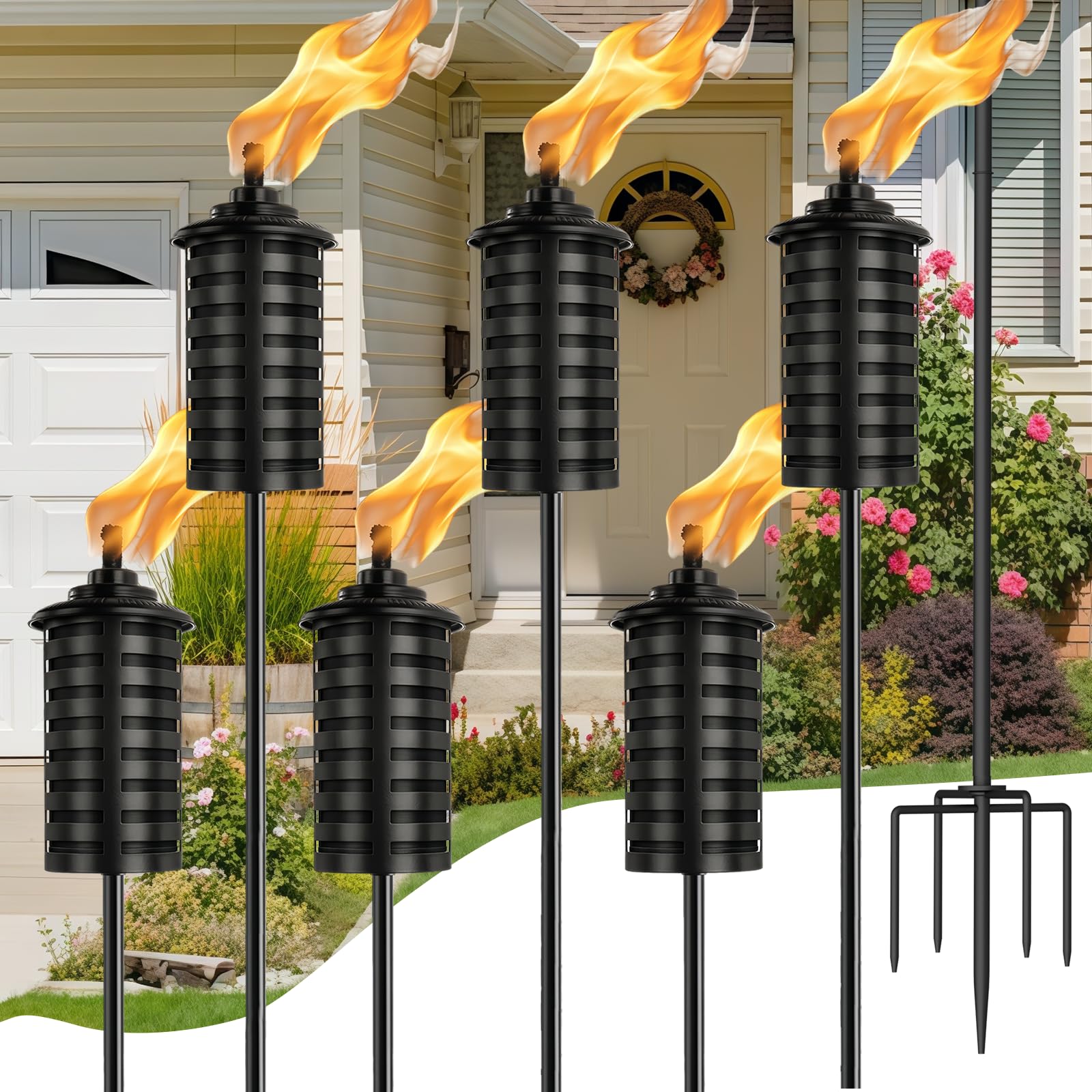 FAN-Torches 6-Pack Home Garden Torch, 16 Oz Outdoor Black Metal Torch Garden Décor,60-Inch Upgraded Citronella Torches with 5-Prong Grounded Stake, Metal Light Torches for Party Patio Pathway