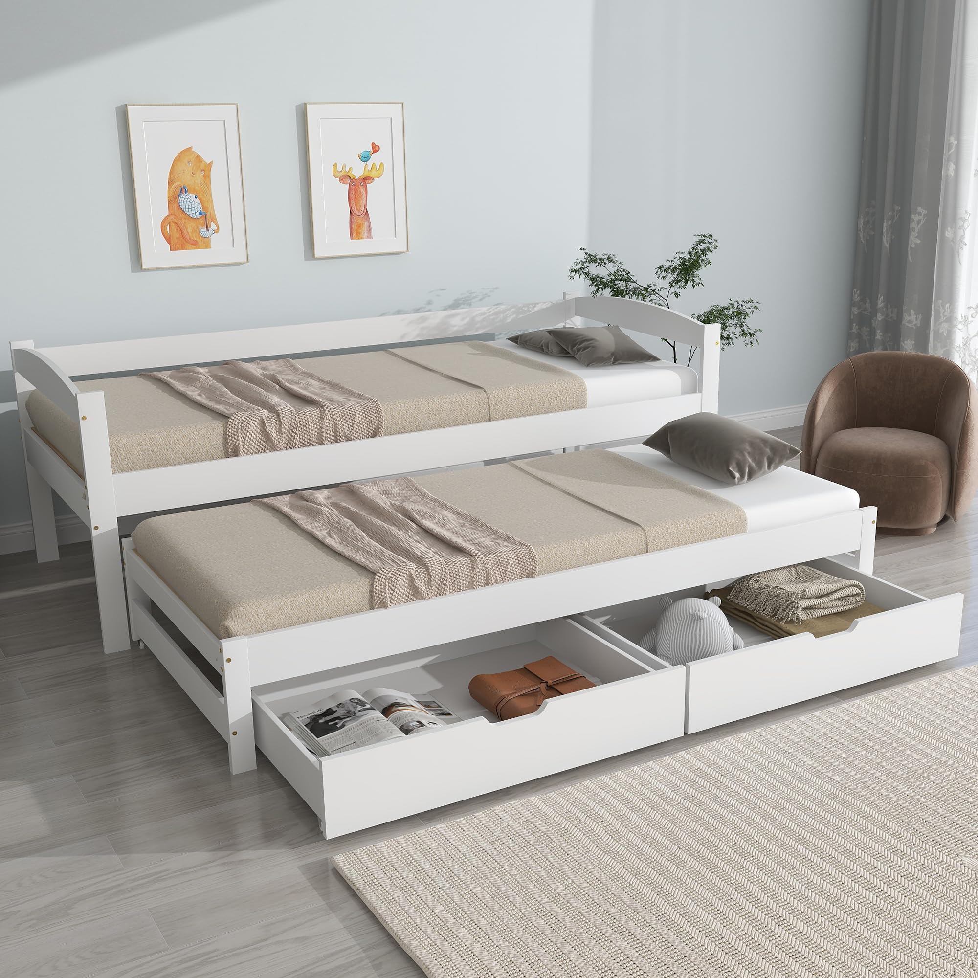 Merax Canapé-lit 90 x 200 cm, lit de jour, avec 2 tiroirs, lit fonctionnel, avec sommier à lattes, lit gigogne simple et double, cadre en bois massif, pour filles et garçons, blanc