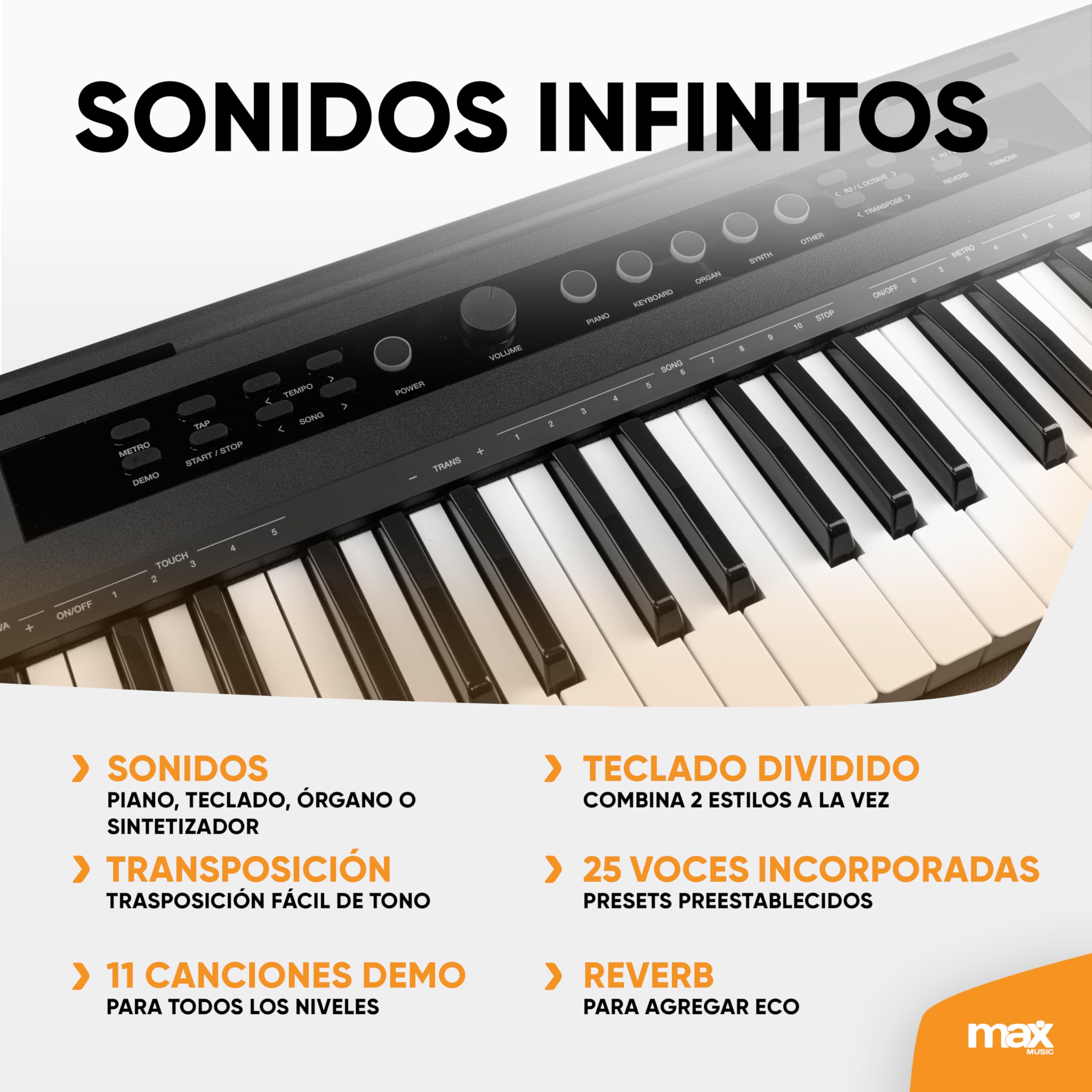 MAX Rhapsody DP88P, Piano teclado electrónico de 88 teclas sensibles al tacto, 10 timbres, 25 voces GM, 26 canciones demo, soporte de mueble, pedal de sustain, USB Midi y conexión sustain