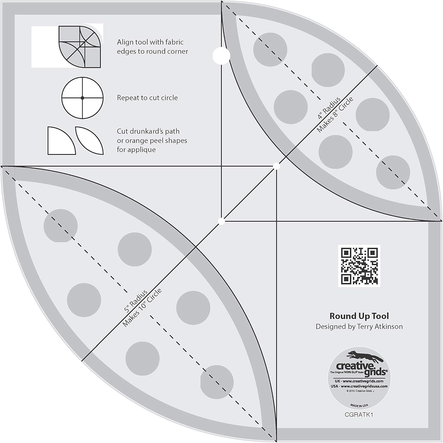 Creative Grids Round Up Tool and Quilting Ruler – CGRATK1 – Made in USA, Non-Slip Grip Acrylic Quilting, Sewing, Crafting, Patchwork Ruler & Template