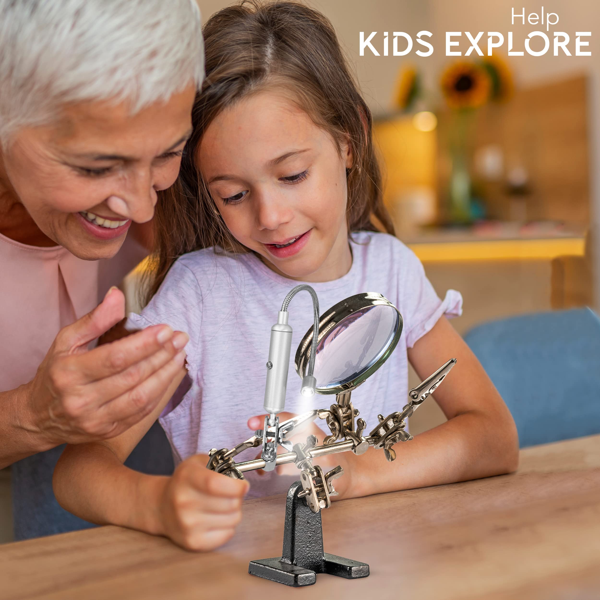 RamPro - Helping Hand Magnifier Glass Stand with Flexible Neck LED Flashlight & Alligator Clips - 3X Magnifying Lens, Perfect for Soldering, Crafting & Inspecting Micro Objects