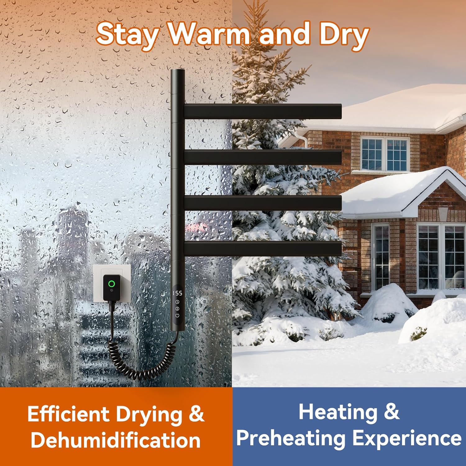 Tower Warmer Rack, 4 Bars Wall Mounted Electric Heated Towel Rack with Timer and Multi-Stage Temperature Regulation, Hard-Wired & Plug in (Black)