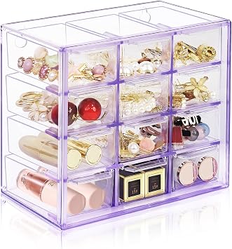 Desk Storage Organizer with 12 Mini Drawers, Clear Desktop Craft Drawer Cabinet, Stackable Storage Box Caddy for Makeup Jewelry Office Craft Supplies Purple