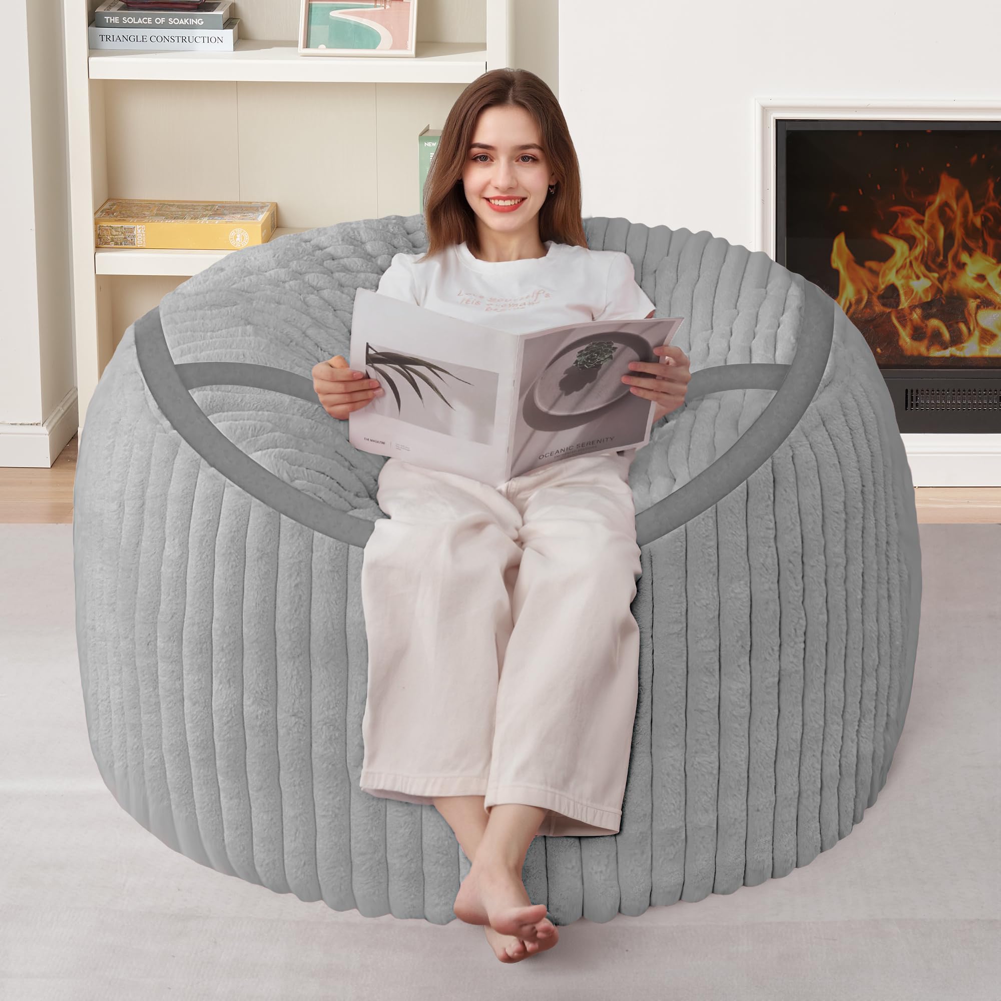 HABUTWAY Bean Bag Chair 3FT Big Bean Bag Chairs for Adults with Memory Foam Filled,3'Beanbag Chair with Soft Faux Fur Cover,Comfy Bean Bag Sofa for Classroom,Living Room,Game Room,Bedroom-Light Grey