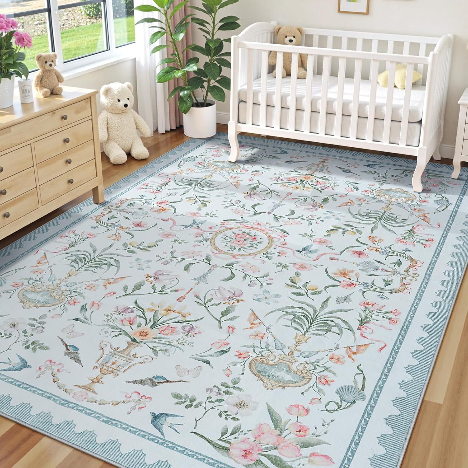 Collive Blue Rugs for Girls Bedroom, 5x7 Boho Floral Washable Area Rug Non Slip, Soft Ultra-Thin Indoor Decor Elegant Carpet for Kids Room Nursery Living Room Dining Room - Image 2
