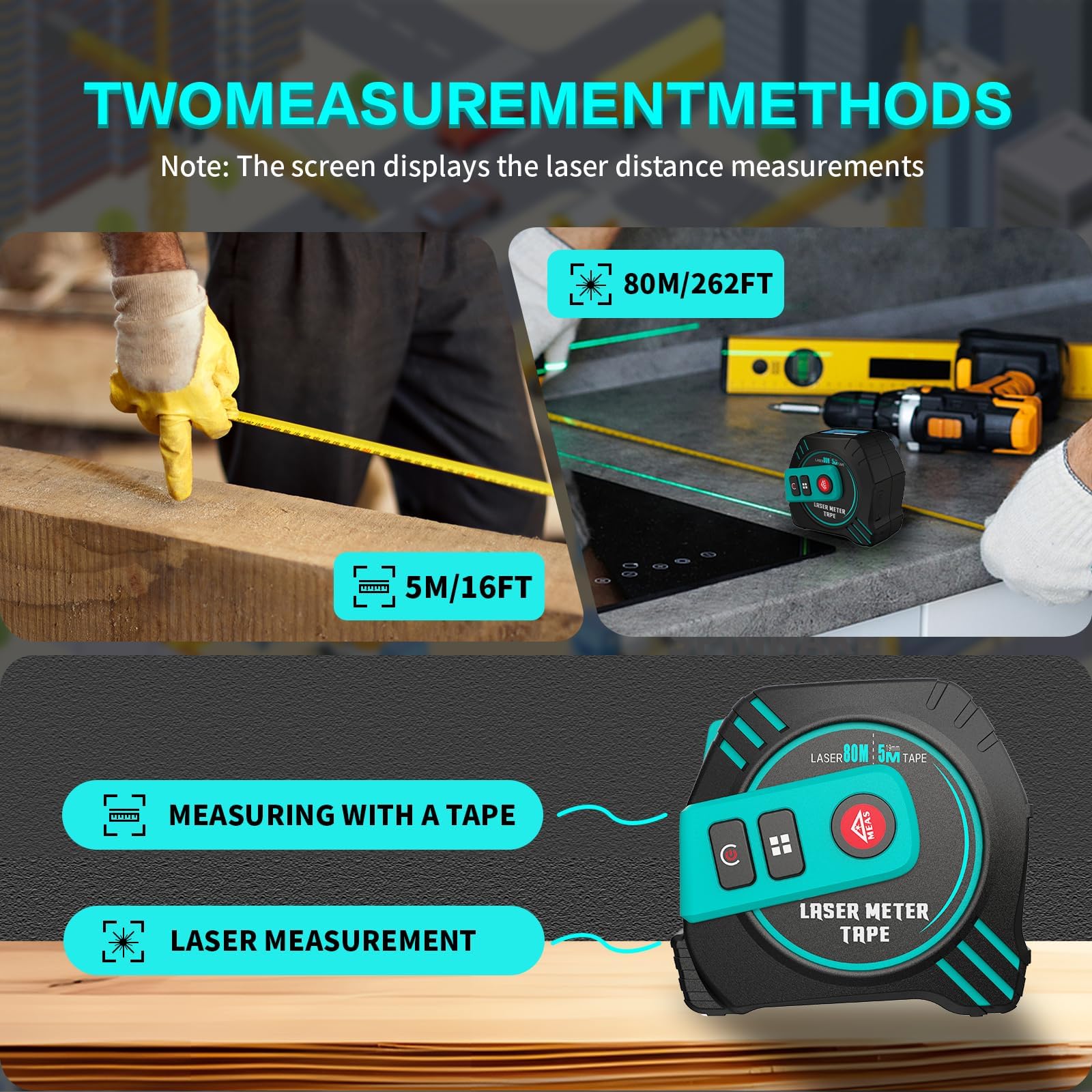 Laser Distance Meter 196ft Digital Laser Measuring Tool with LCD Backlit Display, Pythagorean Mode, Area & Volume Calculation, ±2mm Accuracy, Class II, Electronic Tape Measure for DIY and Construction