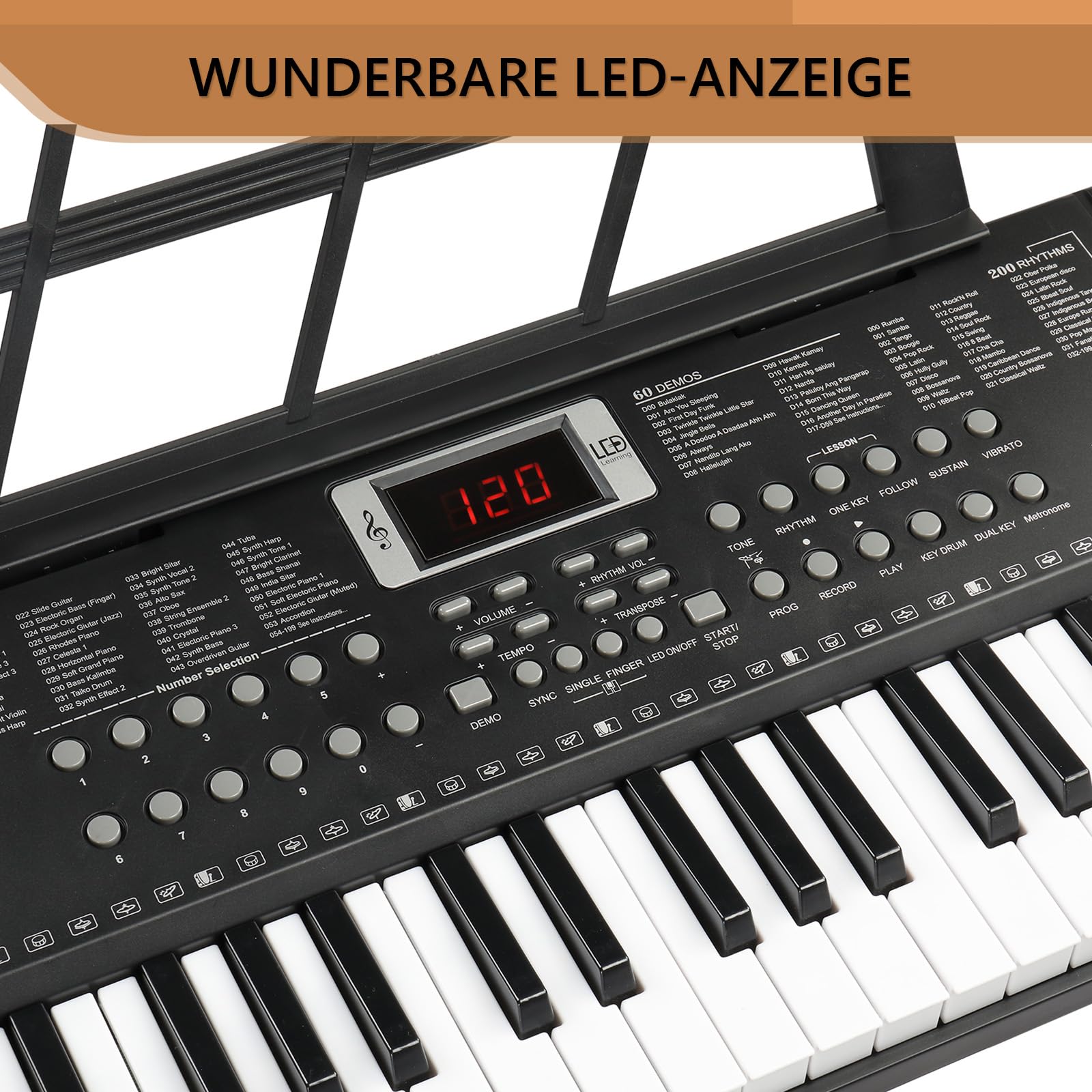 Bonnlo 61-Tasten Keyboard mit Z-Ständer, Hocker, Kopfhörer, LED-Display und 3 Lernmodi, 200 Klänge, 200 Rhythmen, mit eingebauten Lautsprechern für Anfänger & Fortgeschrittene, Schwarz