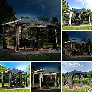 BRAST® Alu Pavillon Summerdream | viele Modelle & Farben | Größen 3x3m 3x4m | Moskitonetz + LEDs | TÜV geprüft | wasserdicht | UV-Schutz | festes Dach | 3x4m Grau LEDs