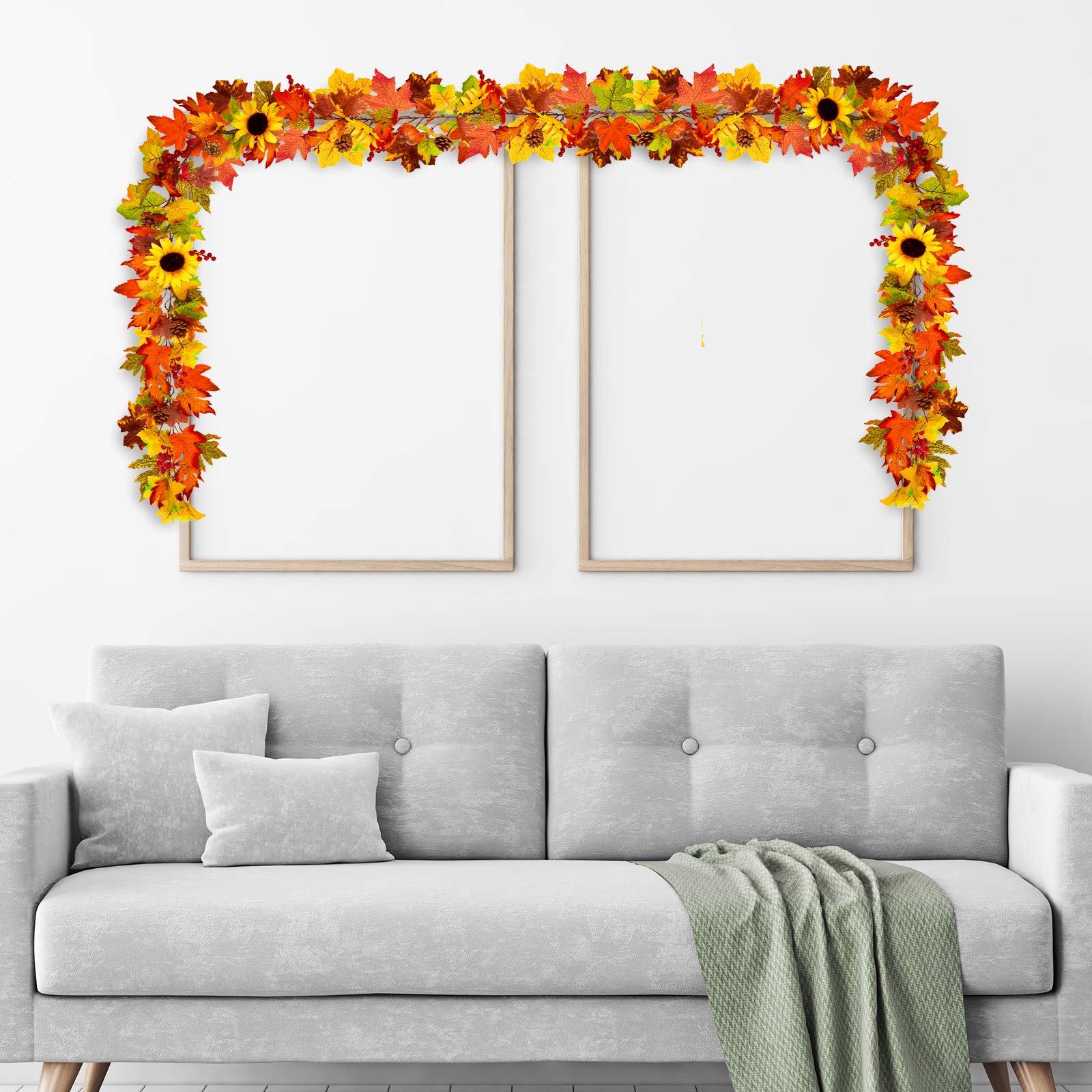 Whaline Ghirlanda Autunnale Artificiale 1,8 M Con Foglie D'Acero, Girasoli E Zucca - Per Camino, Porta, Matrimonio E Ringraziamento (2 Ganci Inclusi)