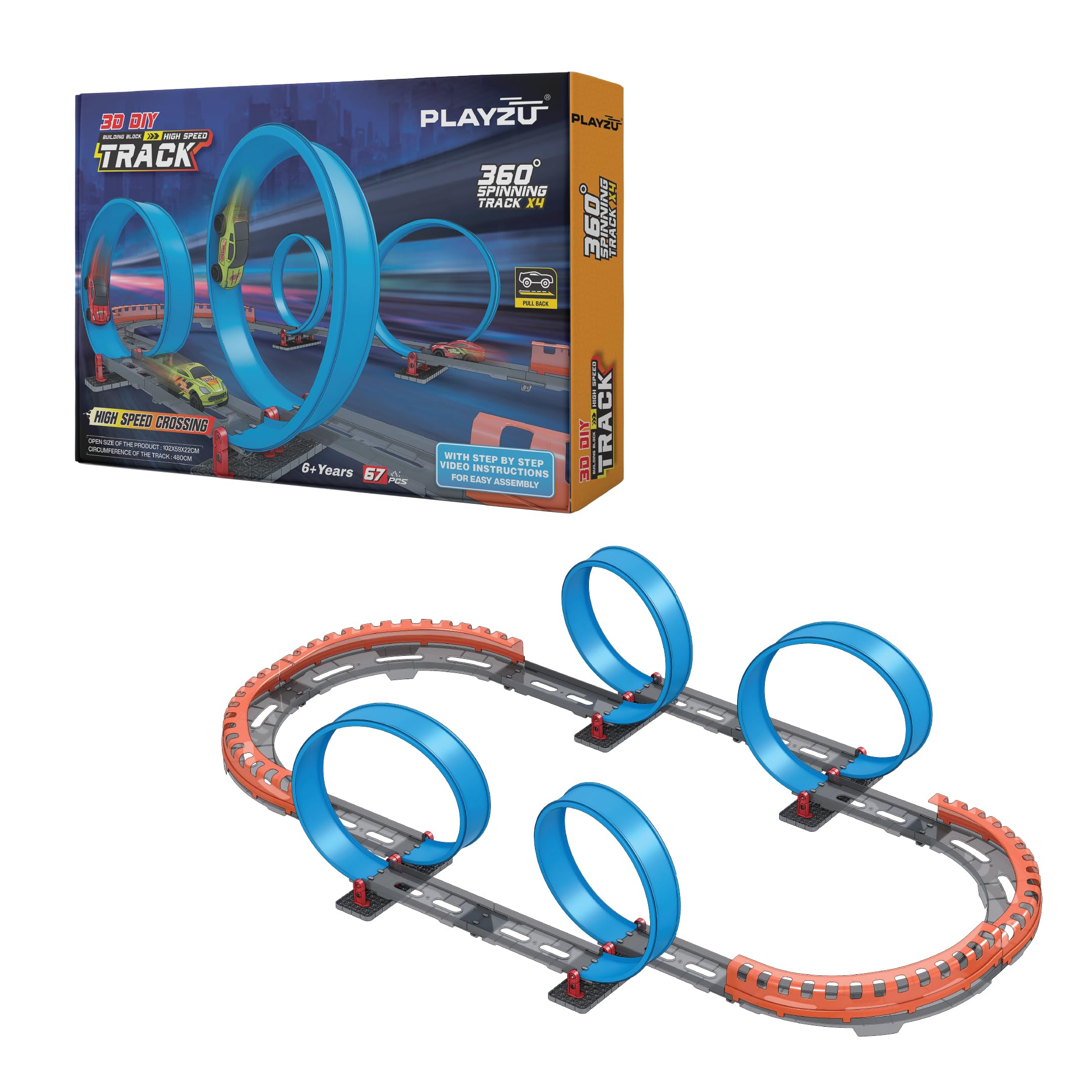 Playzu 679113B - 66 pcs Four 360 Degree Loops Racing Track Game with Building Block Sets and Two Strong 1:64 Scaled Pull Back Cars and Track Easy to Assemble for 6+ Years (B0CTTQHB1T) Amazon Price History, Amazon Price Tracker