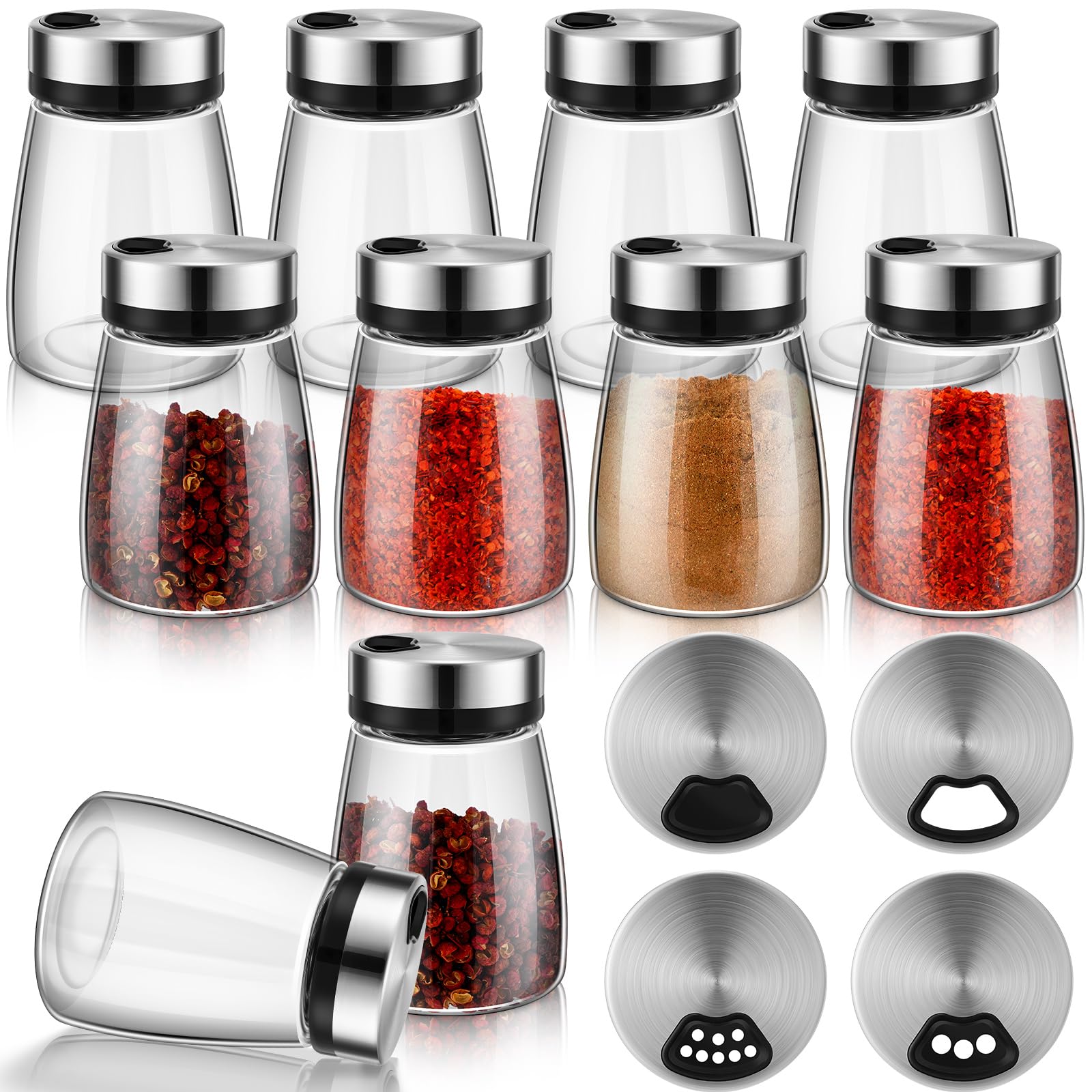 Zhehao Juego de 10 saleros y pimenteros con agujeros ajustables de acero inoxidable, dispensador de especias de vidrio transparente de 6 onzas, recipientes de condimentos para cocina, restaurante