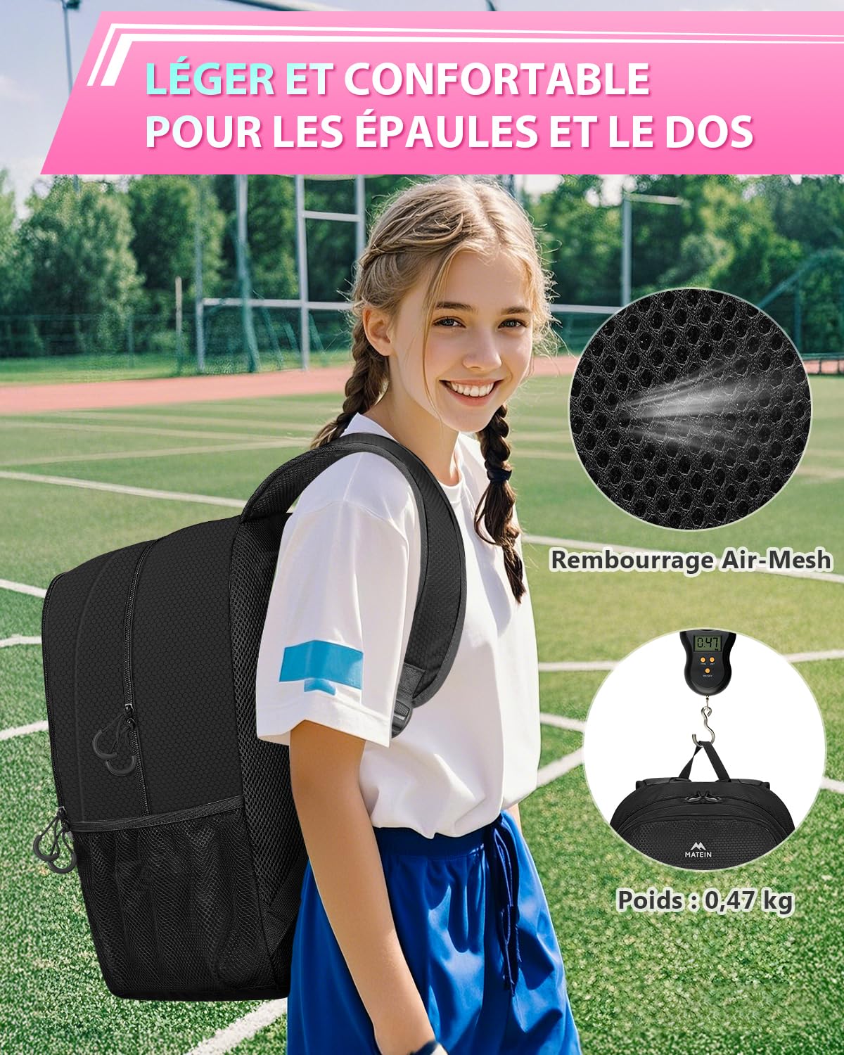 MATEIN Sac à Dos Football avec Compartiment à Chaussures Étanche pour Ordinateur Portable 15,6 Pouces, Noir