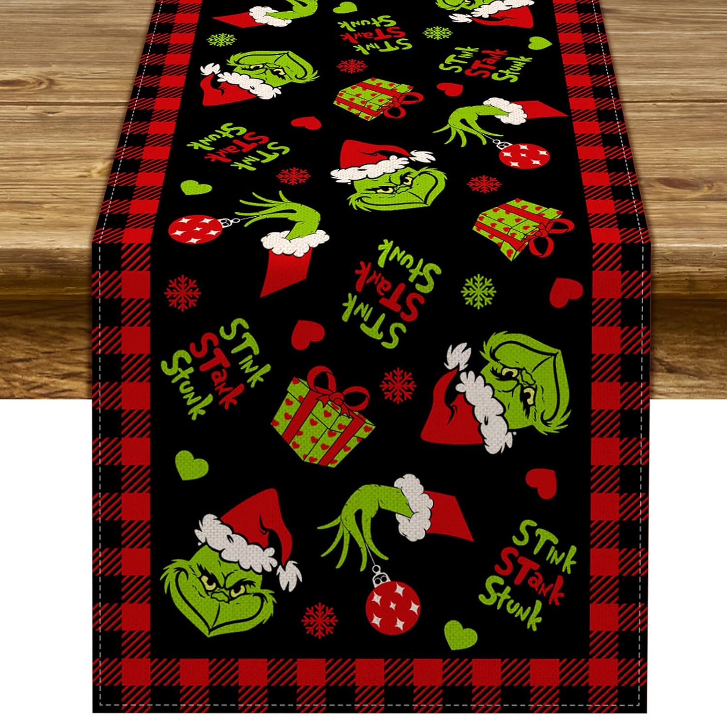 Pudodo Grinchmas Table Runner Merry Christmas Buffalo Plaid