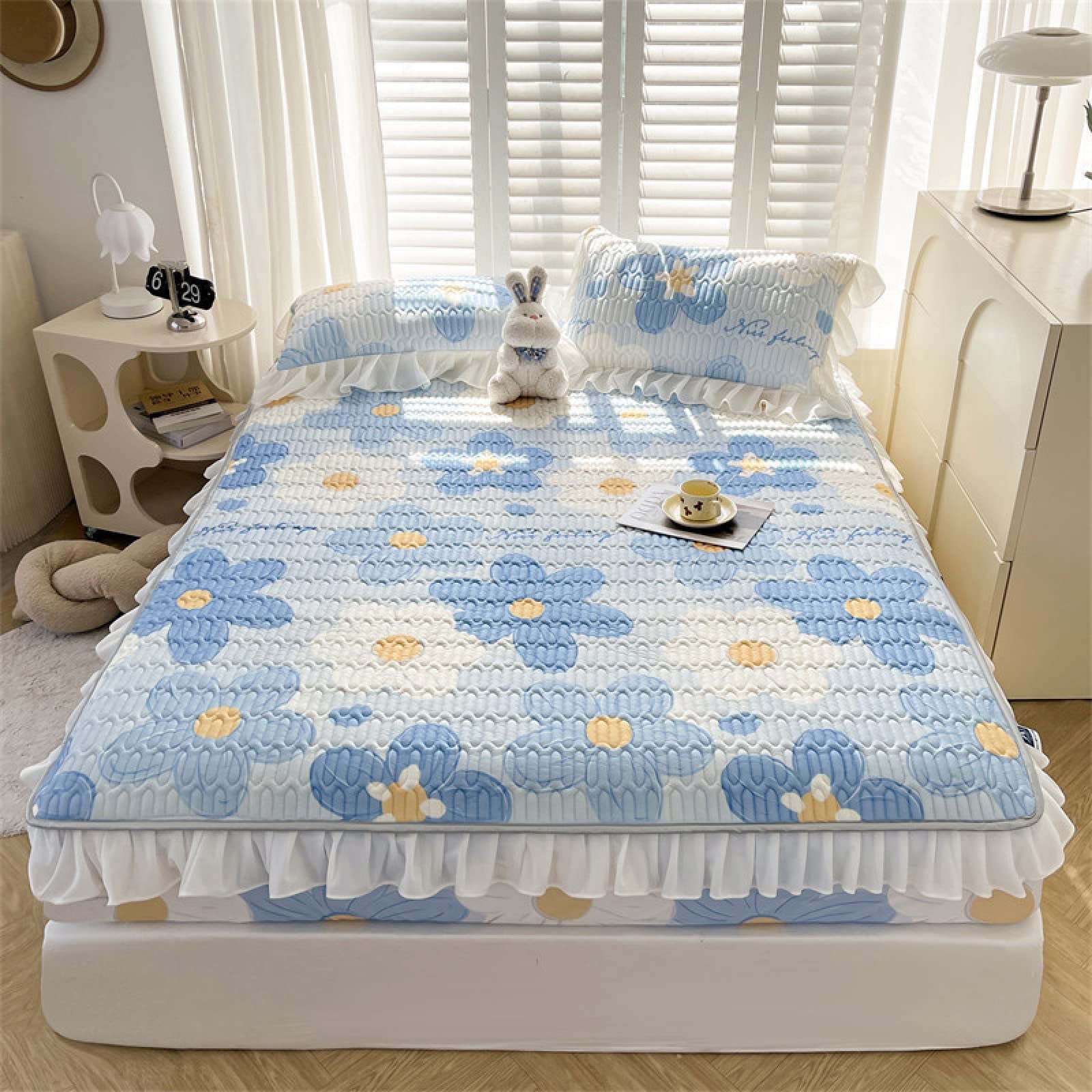 FCLDESHOP Spannbetttuch Wasser,Sommer Cool Feeling Ice Silk Lace Latex Bettlaken, Kinderzimmer Animal Print Fruit Matratzenschoner Kissenbezug, blau, 90 * 200 cm (3 Stück)
