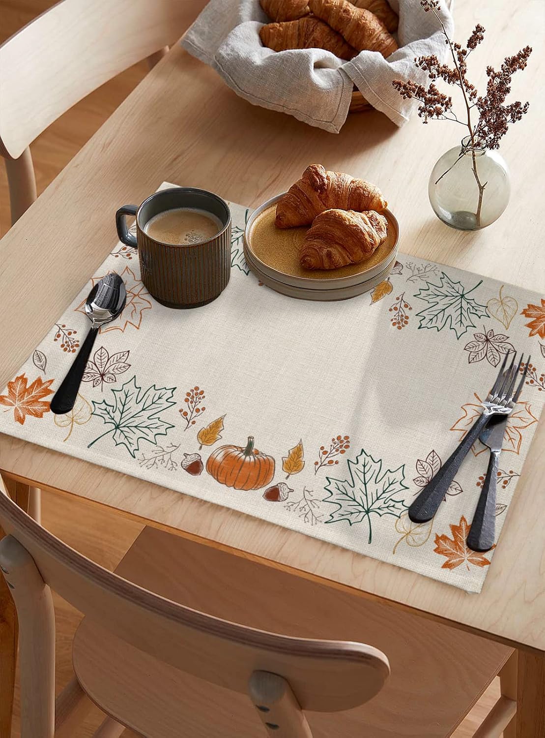 Fall Placemats Set of 4 Pumpkin Pine Cones Maple Leaf Autumn Leaves Thanksgiving Place Mats for Dining Room Dinner Table Washable Table Mats Kitchen Party Decorations