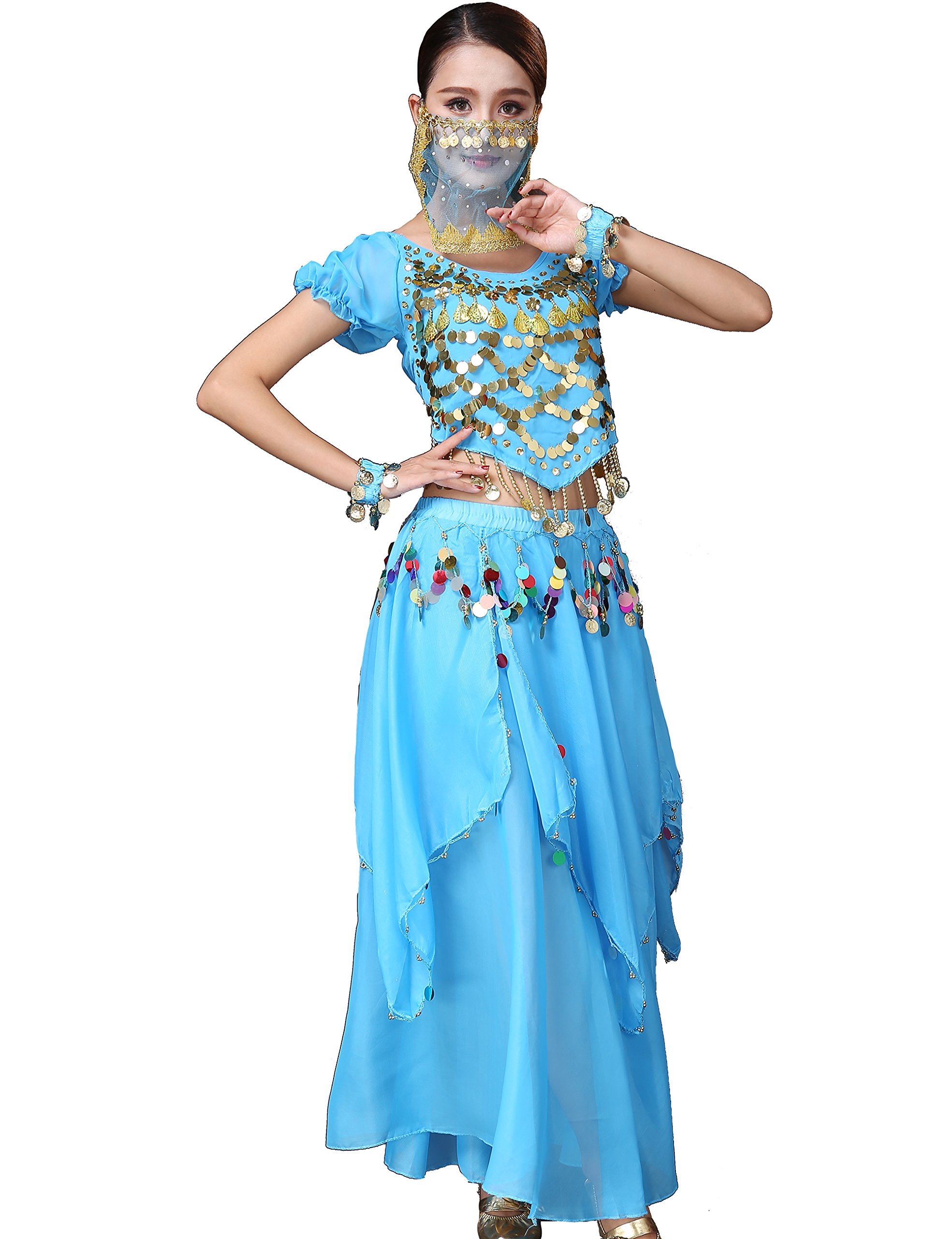 Astage Belly Dance Halloween Costume Top Skirts Veil Bracelets Headdress Sets
