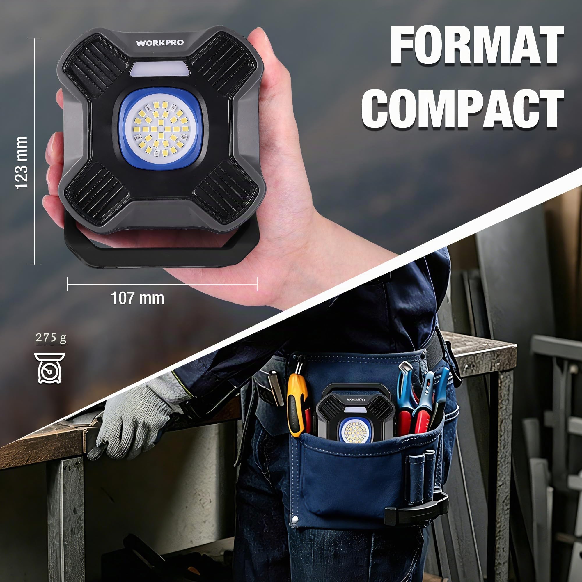 WORKPRO Lampe de Travail LED Rechargeable 2000LM, 5 Modes, Projecteur Magnétique Portable avec Support 180°, Batterie 4000mAh & Power Bank, Lampe Portable pour Camping, Réparation Auto et Urgence