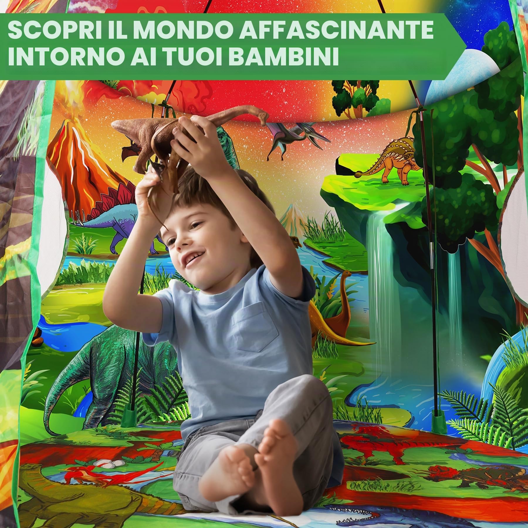 Dinosauro Tenda per Bambini Casetta Bambina Bambino Pop Up Capanna per Bambini Esterno Interno Portatile con Dinosauri Adesivi Casette Giochi Bambini