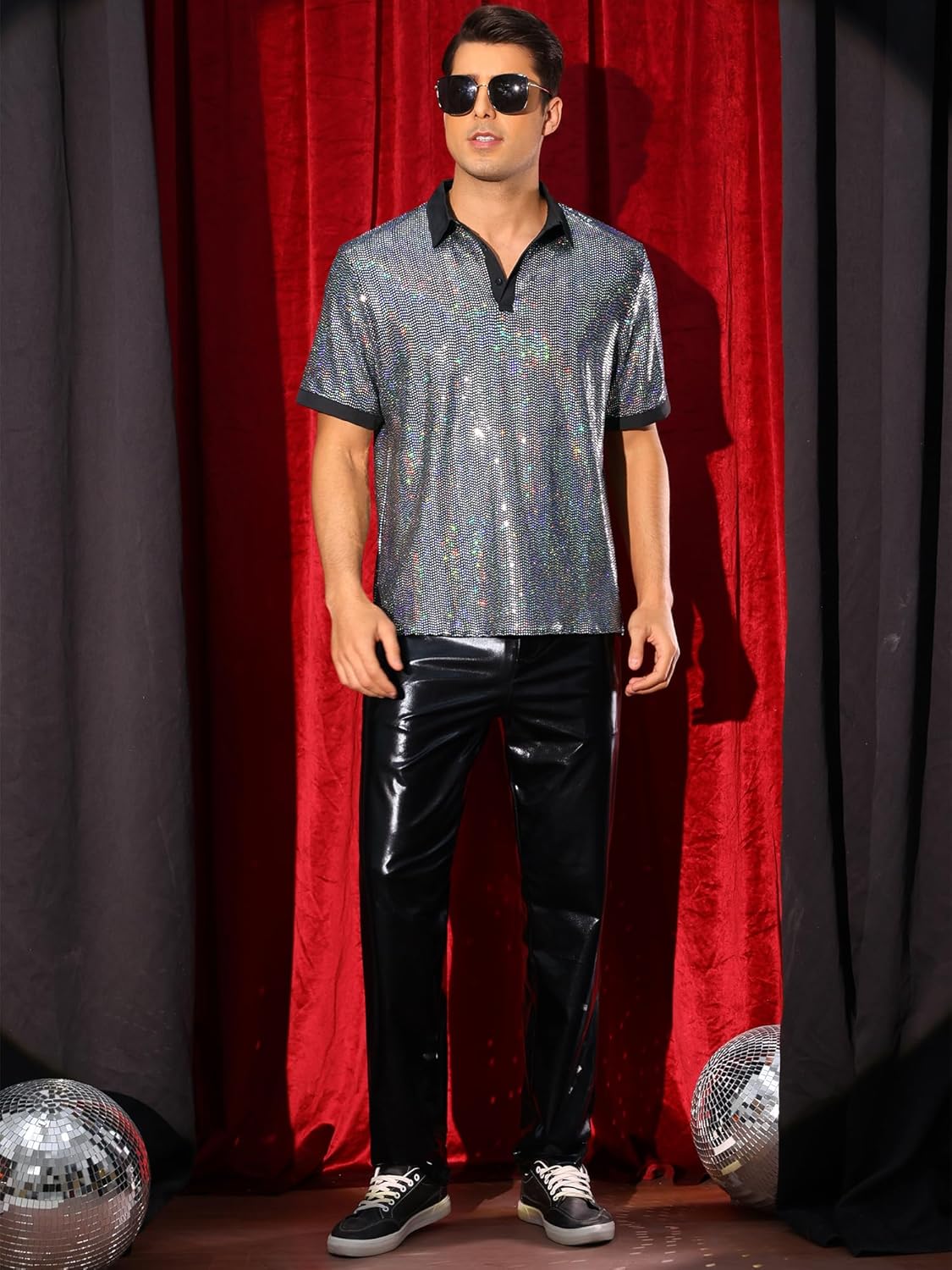 Lars Amadeus Sequin Polo for Men's Shiny Short Sleeved Party Disco Metallic Polo Shirts - Image 2
