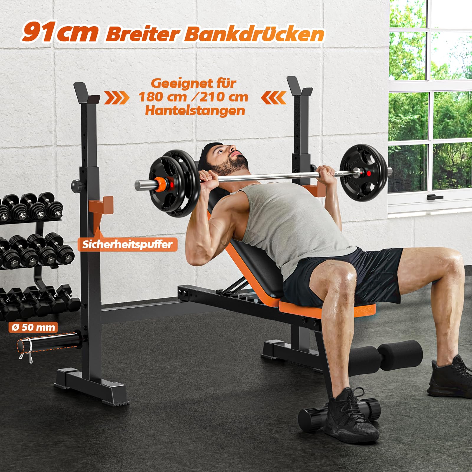 XDDIAS Multifunktion Trainingsbank mit Langhantelablage, Verstellbare Hantelbank für Home Gym, 7-Fach Rückenlehne Fitnessbank für Bankdrücken & Krafttraining, bis 350 kg
