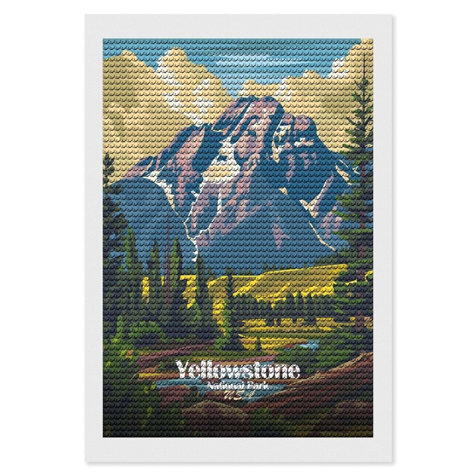 Junmoney Yellowstone National Park Illustration Diamond Painting Canvas Set 8"x12", for Adults, Sparkling Round Gems, Thoughtful Handmade Gift, Modern Decor