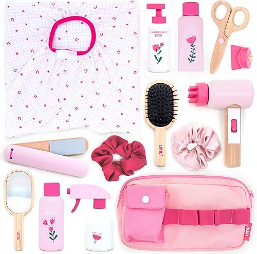 UMU Juego de peluquería de madera – 17 piezas de juguete de peluquería con secador de pelo, alisador, peine de espejo y accesorios – Diseño de mujer