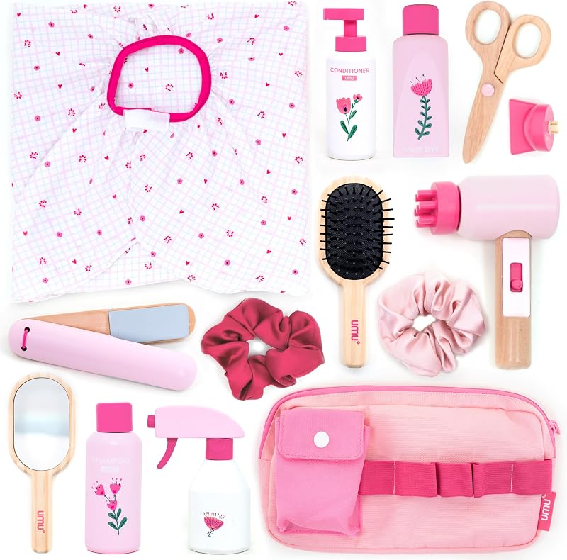UMU® Juego de peluquería de madera – 17 piezas de juguete de peluquería con secador de pelo, alisador, espejo, peine y accesorios – Juguete de juego de rol de belleza con diseño de mujer pequeña para niñas de 3, 4, 5 y 6 años