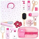 UMU® Wooden Hair Salon Playset – 17 Pcs Pretend Hairdressing Toy with Hair Dryer Straightener Mirror Comb & Accessories – Little Woman Design Beauty Role Play Toy for Girls Ages 3 4 5 6