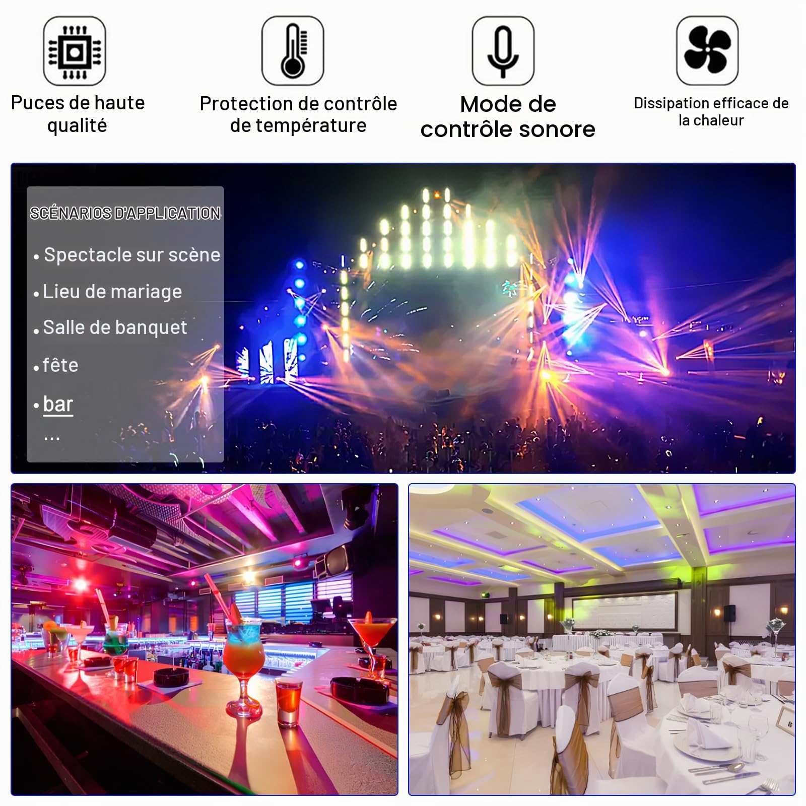 Lumière principale mobile, 70 W RGBW 4 en 1 LED lumières de scène DJ, lumières DJ à rotation infinie avec son activé pour fête DJ de mariage et Live House