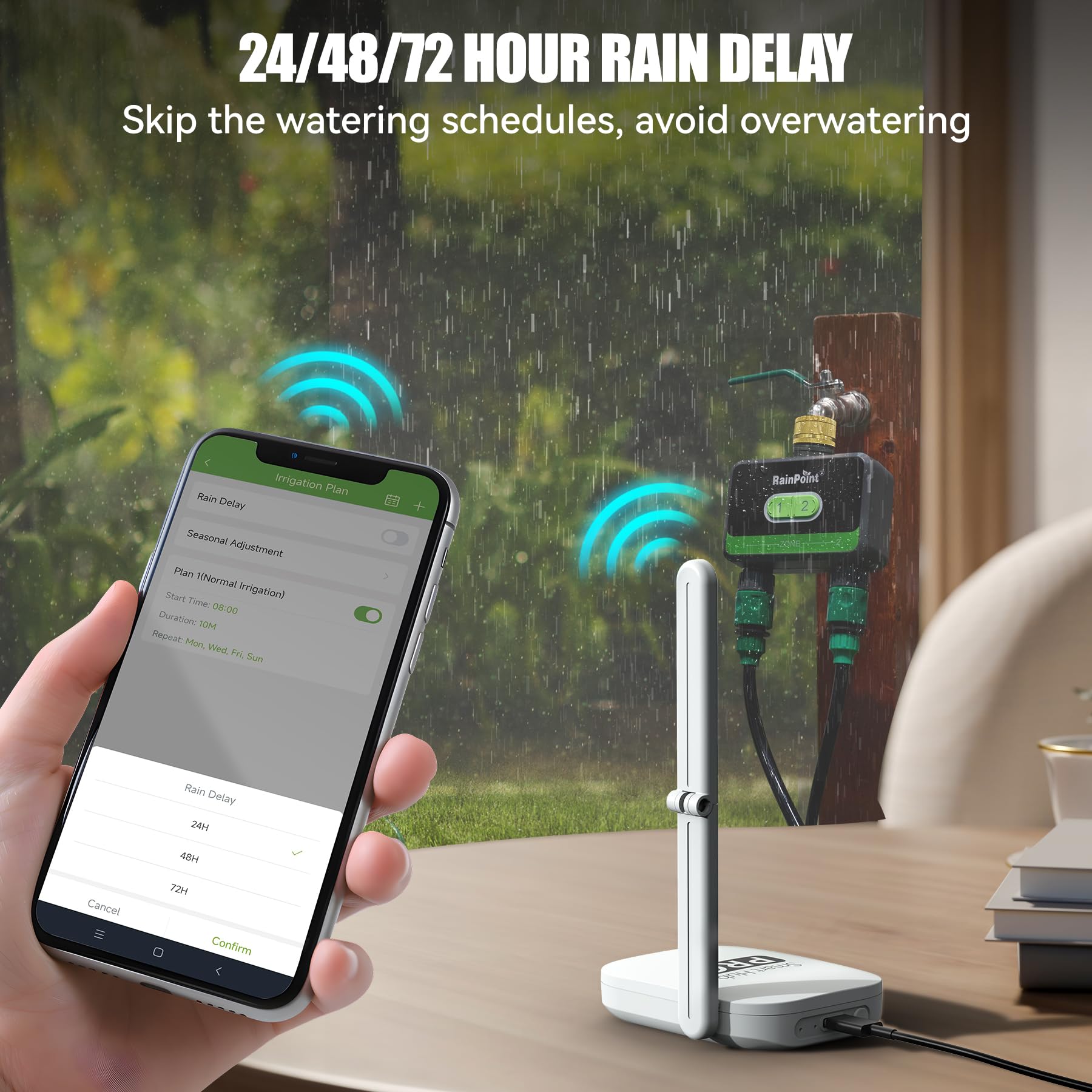 RAINPOINT Bewässerungscomputer WLAN 2 Ausgänge, Messing-Einlass und -Auslass, Automatische Garten Bewässerungsuhr mit App/Sprachsteuerung, WLAN Bewässerungssystem für Gewächshaus Garten