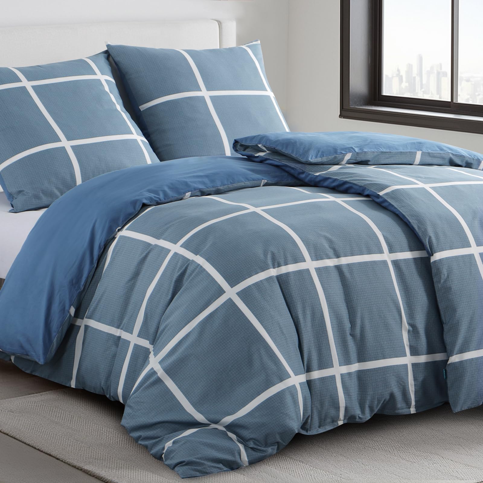 RUIKASI Beddengoed 135 x 200 cm, 4-delig, denimblauw, dekbedovertrek 135 x 200 cm, 2-delige set met ruitpatroon, beddengoedset van microvezel met ritssluiting, zacht en strijkvrij