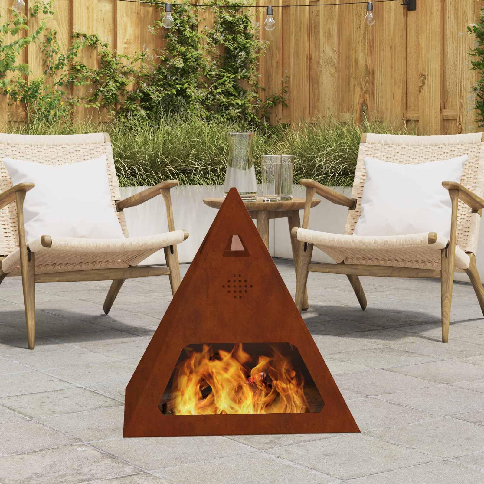 Brasero marrón de acero resistente a la intemperie, 50 x 50 x 51 cm, forma pirámide, cesta de leña para jardín y patio, circulación de aire eficiente, portátil, duradera, acogedora calidez