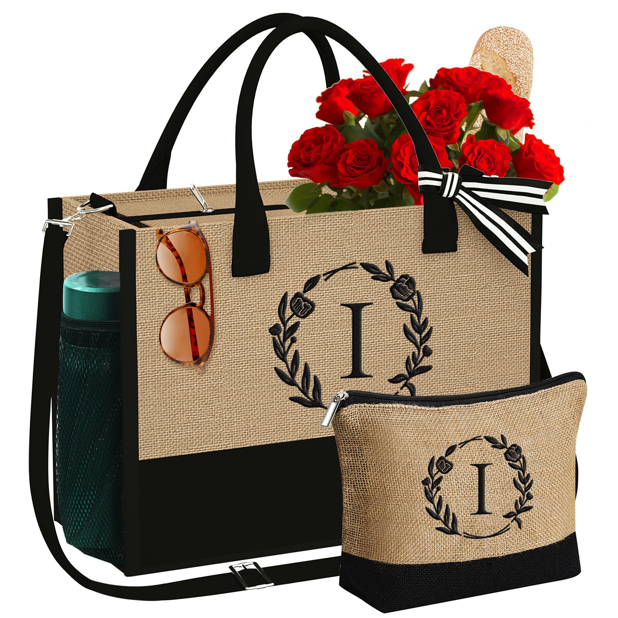 YOOLIFE Gifts for Women - Initial Canvas Tote Bag & Makeup Bag, Birthday Gifts for Women Mom Sister Friends