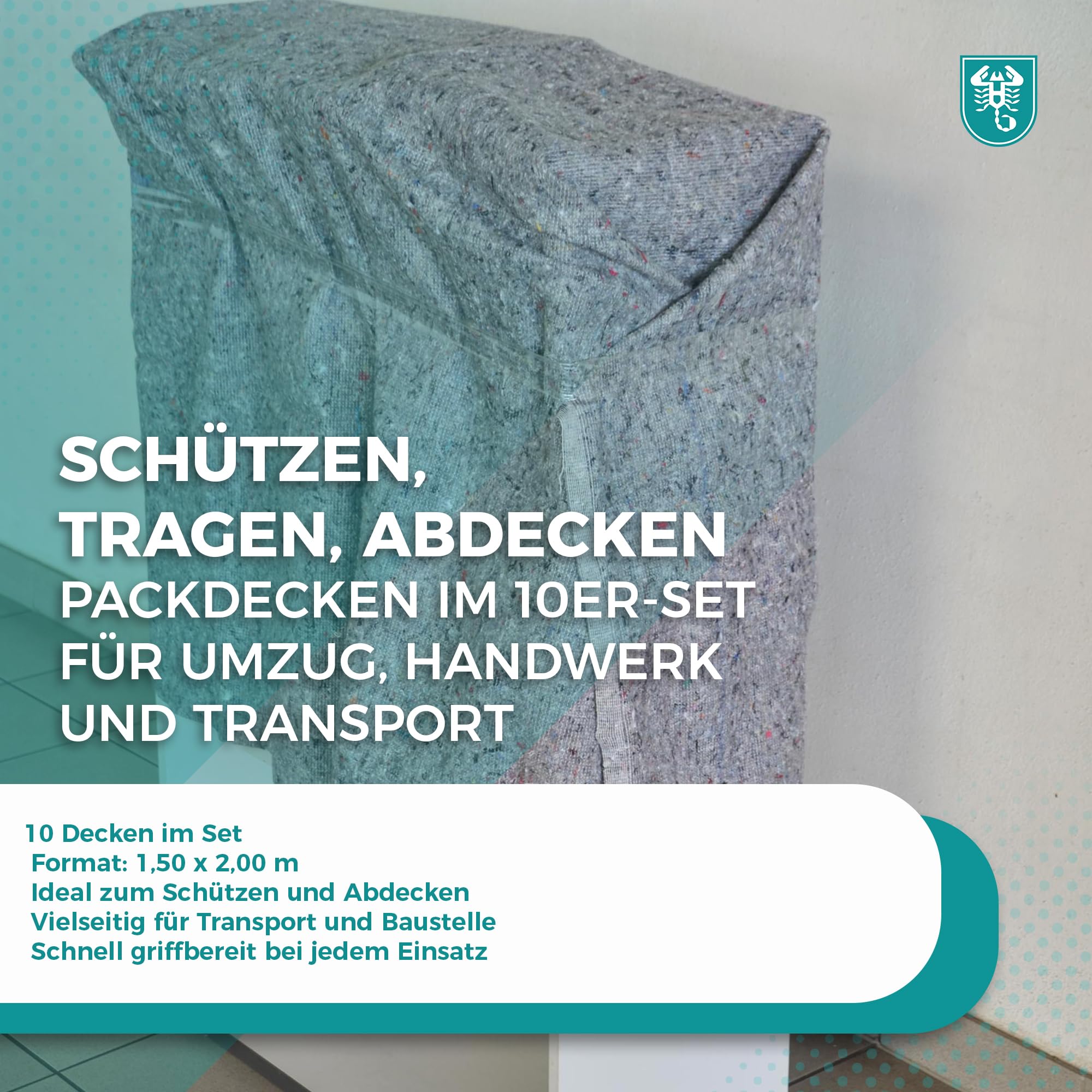Scorprotect® Packdecke 10er Set 1,50 x 2,00 m – robuste Umzugsdecke 330-350 gr/m², Möbeldecke mit festen Kanten, beidseitig versiegelt, ideal für Transport, Möbel Schutz und Lagerung