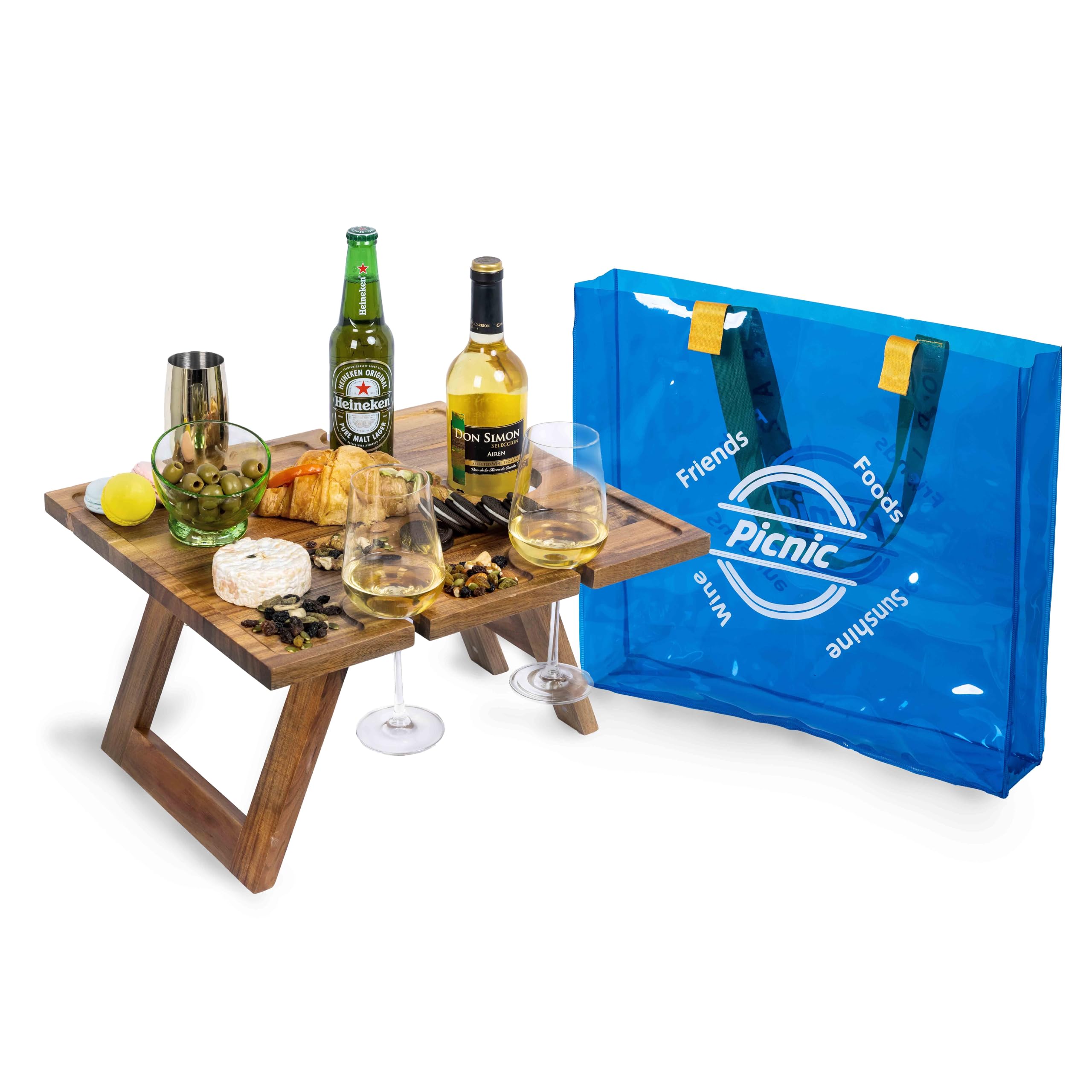 Portable Wine Picnic Table with Clear Tote Bag, Beach Table, Acacia Wood, Gifts for Wine Lover, Charcuterie Board, Decor for Romantic Engagement, Camping, Concerts at Park