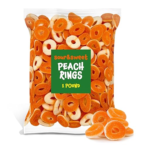 Miniatura 5 de Anillos de durazno – Bolsa de 1 libra – Caramelos de goma de durazno – Caramelos agridulces recubiertos de azúcar, anillos de goma masticables para