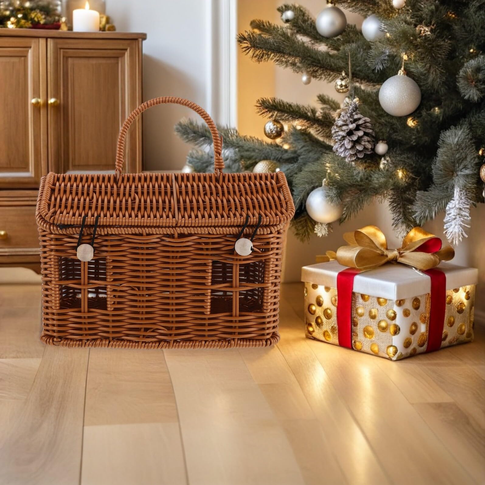 DECORNIJIA Cesta de Rattan Trenzado con Asa Diseño de Casa Cesta Ligera y Estable para Dulces Galletas y Regalos Bodas Fiestas Navideñas y Showers