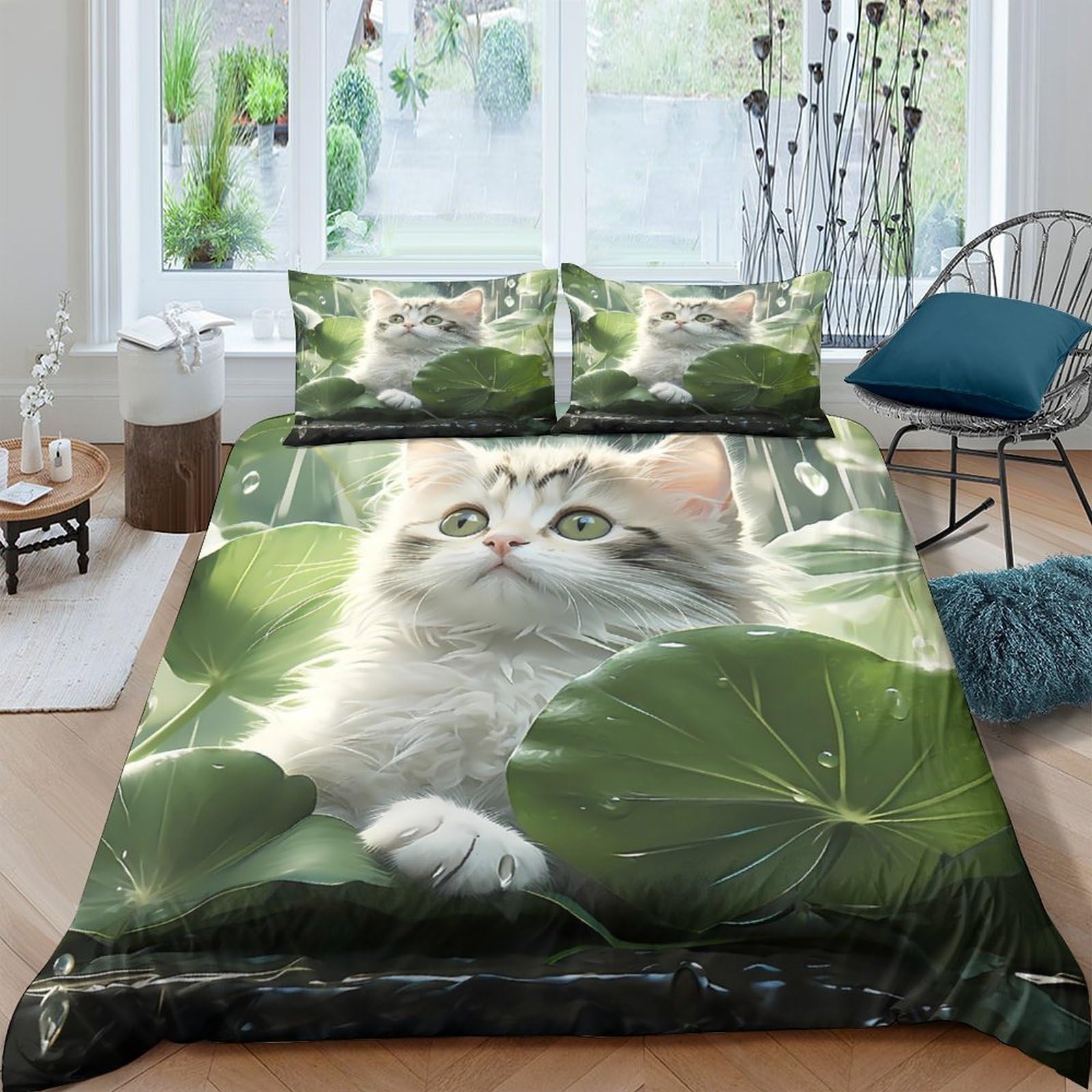 Ctjqhvkz Style-5 3D Printed White Cat Forest Fitted Sheet Microfiber Soft Green Leaves Bed Cover For Bedroom Dorm Mattress Decor Single（135X200cm）