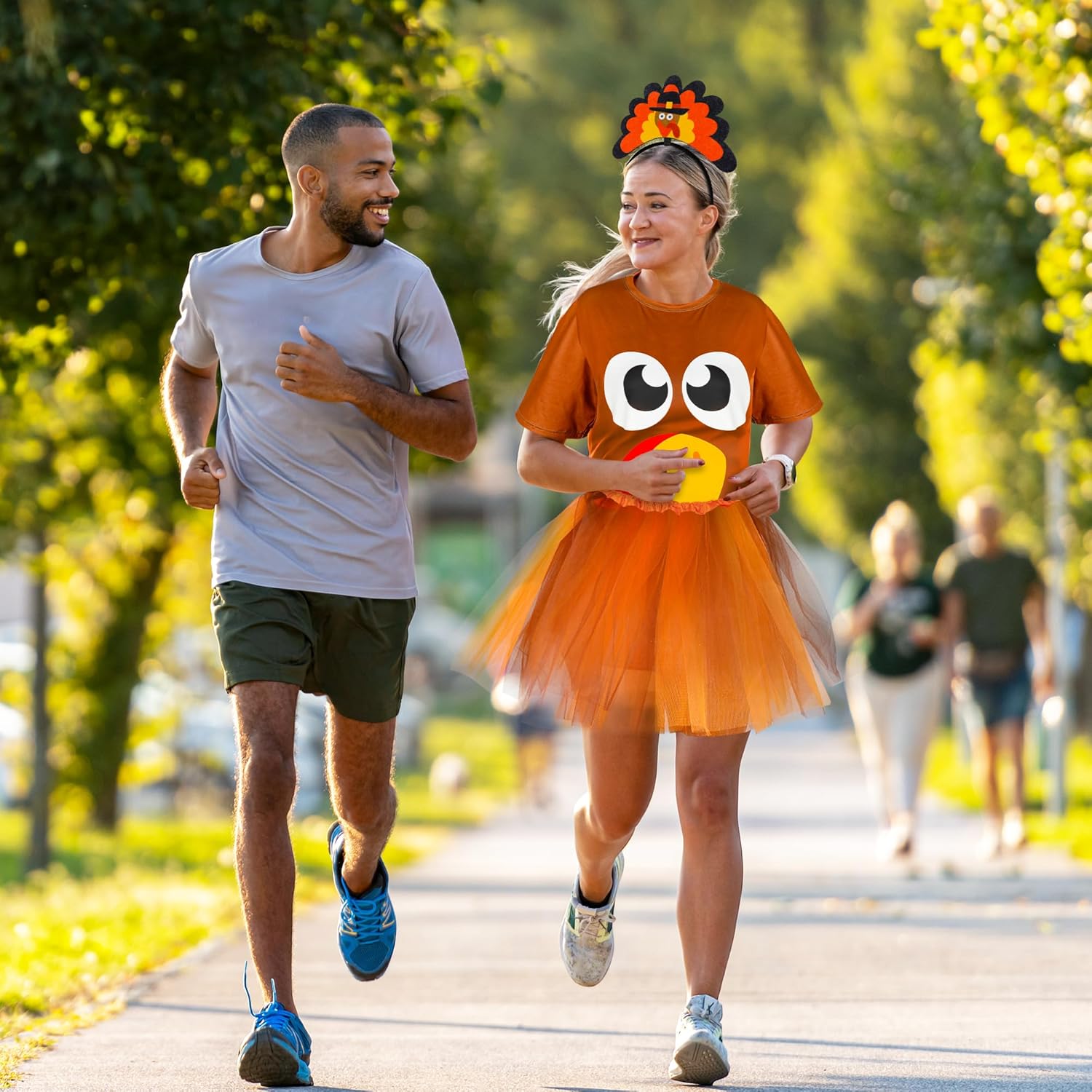 QZYL Turkey Costume Set, Turkey Trot Shirt Tutu Dress Headbands High Socks, Thanksgiving Turkey Trot Cosplay for Adults - Image 5